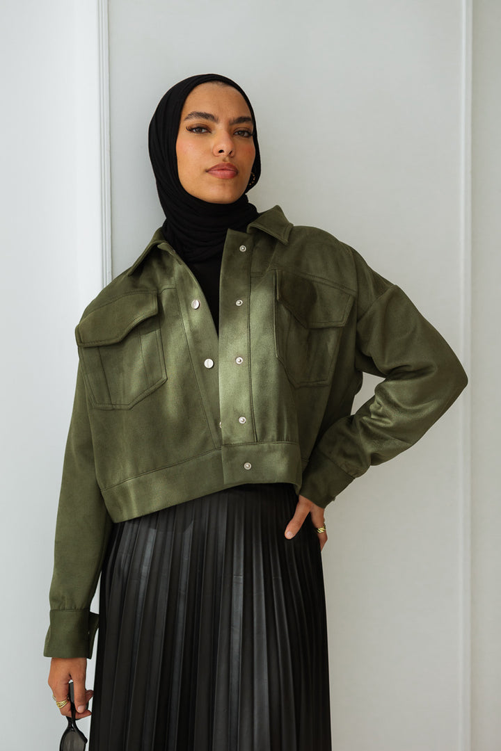 Suede Cropped Jacket in Olive