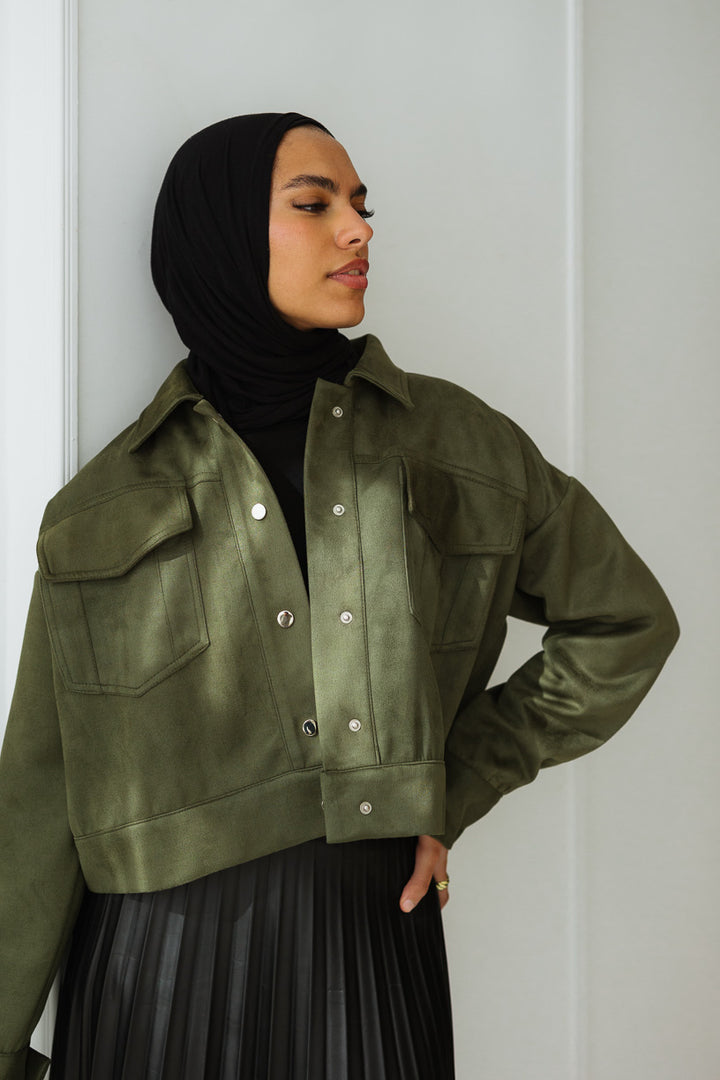 Suede Cropped Jacket in Olive