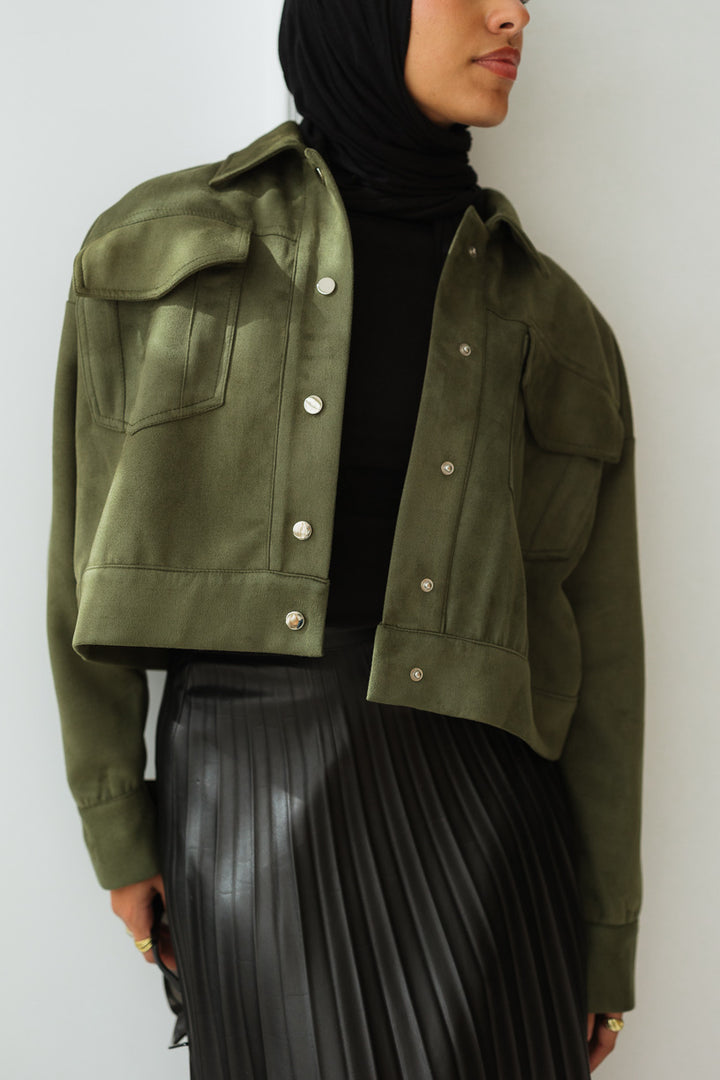 Suede Cropped Jacket in Olive