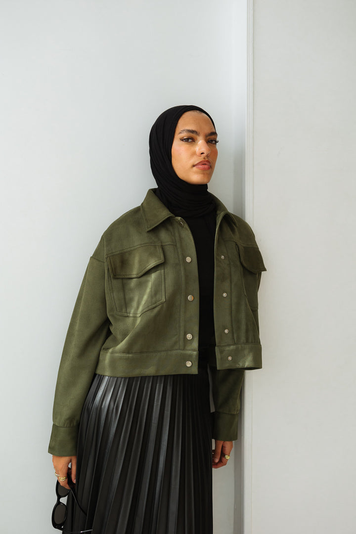 Suede Cropped Jacket in Olive