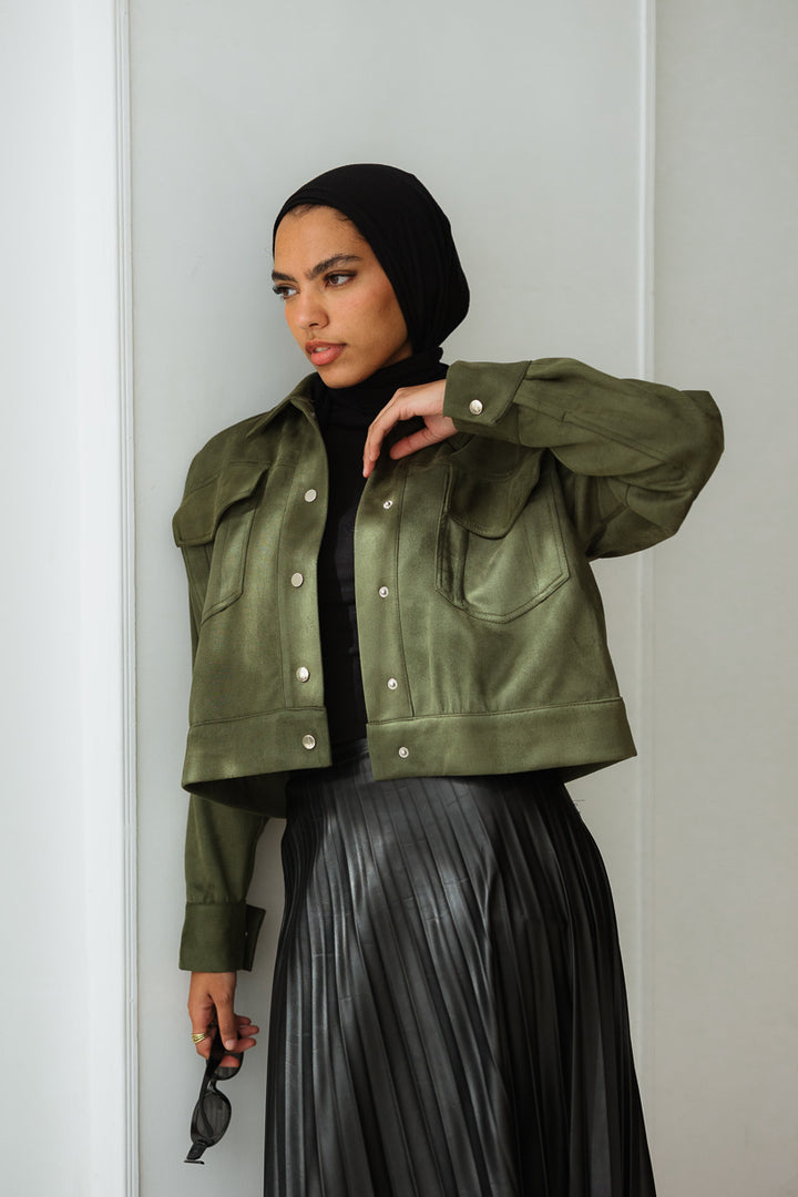 Suede Cropped Jacket in Olive