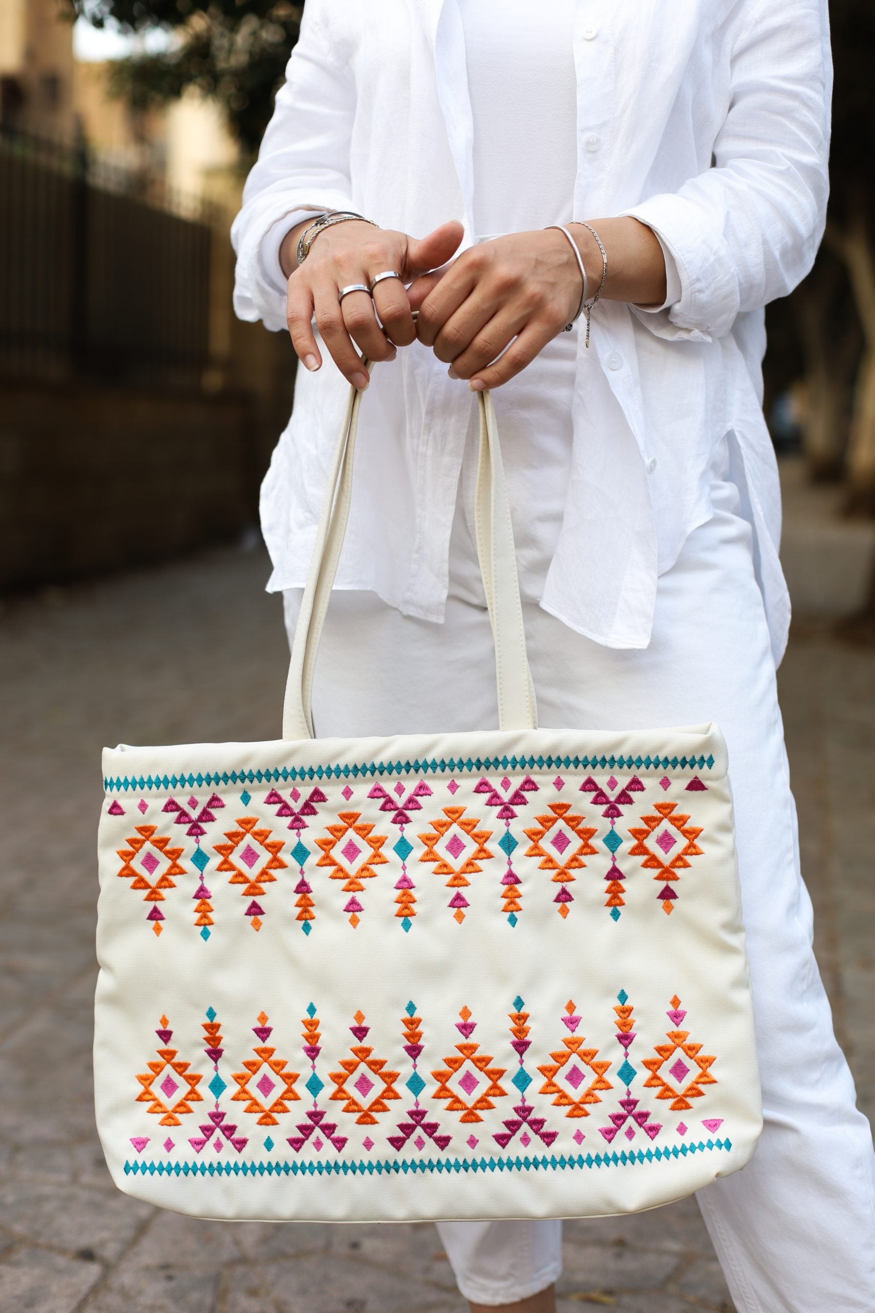 White and Tan hand authentic Embroidered Huipil Boho Travel tote